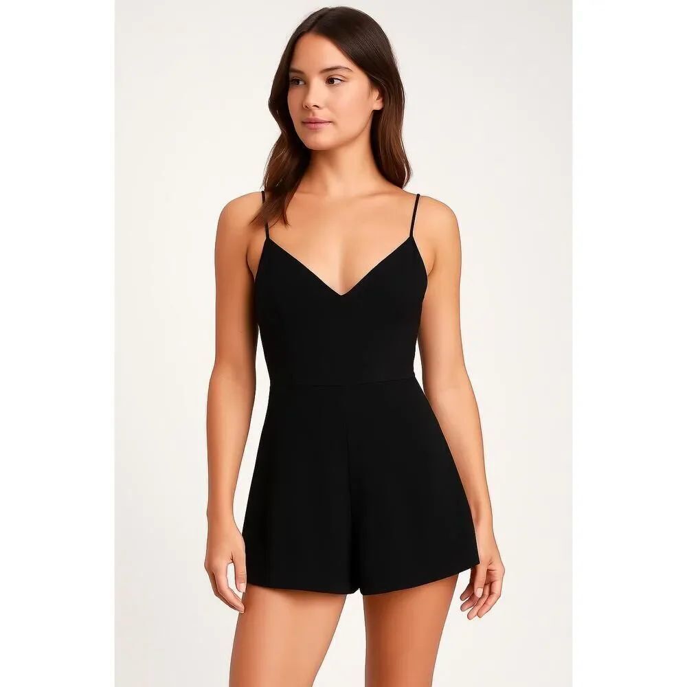Lulus Roxanna Black Tie-Back Romper Minimalist Sleek Spaghetti Strap Womens S